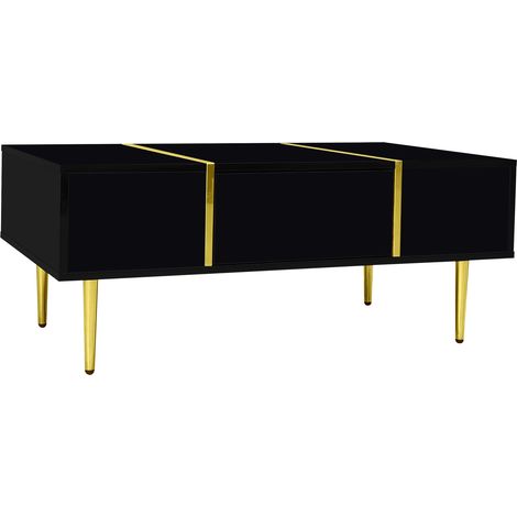 Table basse moderne noire laquée avec 2 tiroirs et éléments métalliques dorés (1/5)