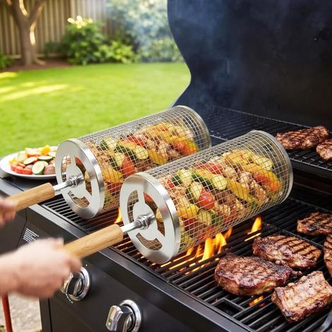 Ensemble de paniers BBQ (2 pièces), adaptés pour griller des légumes, des crevettes, des champignons, etc., sans poignées en bois, 20 x 9 cm. (1/4)