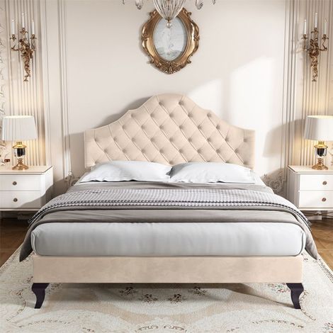 Lit rembourré - 140x190 cm - Sommier à lattes - Tête de lit réglable - Velours beige (1/5)