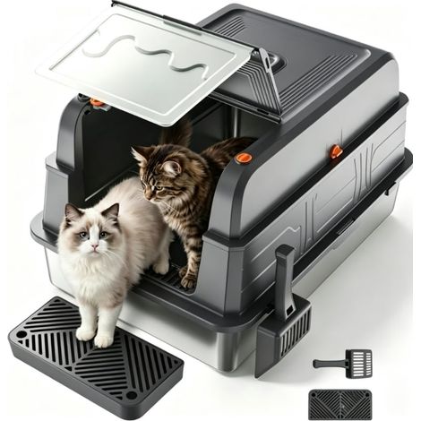 Litière fermée chat XXXL acier inoxydable, couvercle et pelle (1/5)