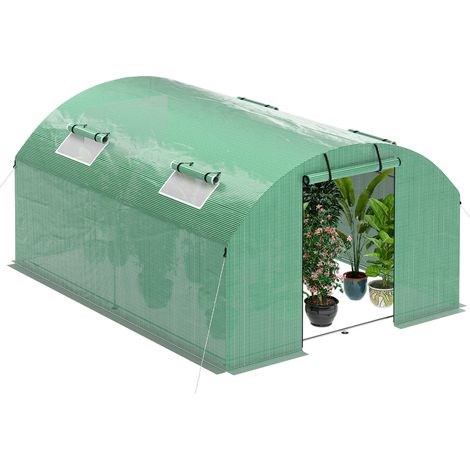 Jiubiaz Serre tunnel de jardin 300x400x200 cm, bâche verte PE 140 g/m² pour légumes et plantes, piquets et cordes inclus (1/5)