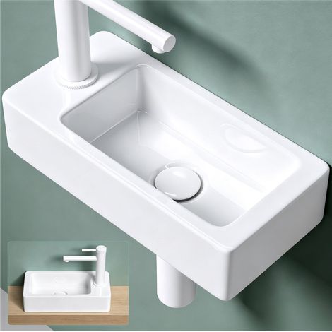 Mai & Mai – Lavabo suspendu rectangulaire en céramique blanc 37,5 x 18 x 8,8 cm – Sans trop-plein – Installation facile pour salle de bain invités - BR3053R (1/5)