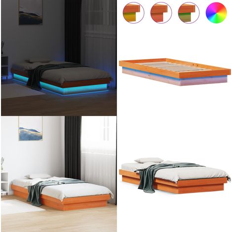 Giroletto LED Marrone Cera 90x200 cm in Legno Massello di Pino - Letto in legno - Luci LED RGB