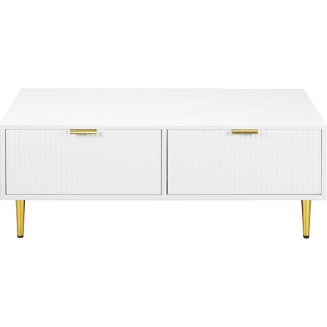 Table basse blanche moderne et minimaliste (avec accents dorés) — Design à deux tiroirs présentant un motif à rayures verticales — Table basse de salon / Table d'appoint pour canapé (1/4)