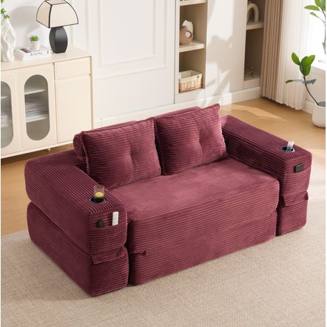 2-Sitzer Schlafsofa aus Cord, 180 x 98 cm, mit Getränkehaltern, Bordeauxrot OKMYHOME (1/5)