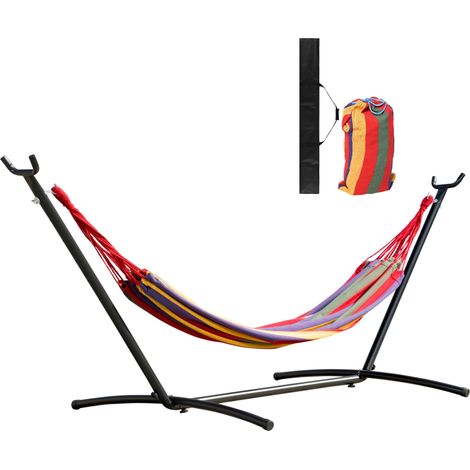 Hamac avec support en acier, hauteur réglable sur 6 niveaux et sac de transport, charge maximale 120 kg, 200 x 150 cm, multicolore