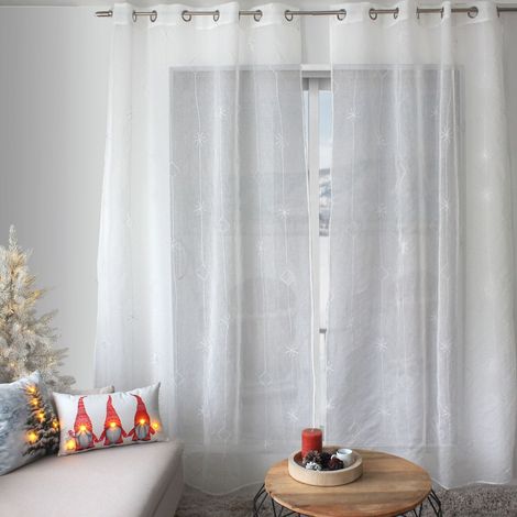 Rideau Voilage Brodé "Noël" 140x240cm Blanc & Argent