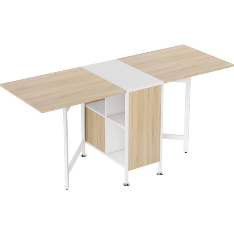 Table pliante cuisine 4 personnes, mange-debout avec 4 casiers intégrés, petit espace, dim. déplié 169x62x75 cm, MDF chêne clair, acier blanc. (1/5)
