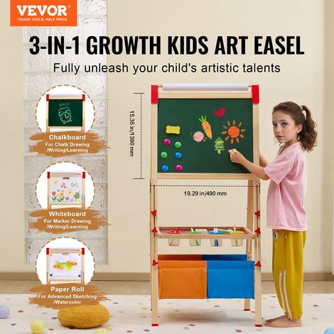 Chevalet d'Art Enfants 3-en-1 Tableau Magnétique Blanc Noir Double Face, Planche à Dessin Bois Debout Réglable, Accessoires, Rangem… (1/5)