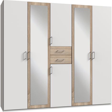 Armoire Placard, meuble de rangement avec 2 miroirs coloris Blanc, rechampis imitation chêne - Longueur 225 x Hauteur 208 x Profondeur 58 cm (1/3)