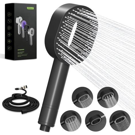 Pommeau de Douche avec Tuyau de 1,5 m et Filtre à 20 Niveaux - Haute Pression, Économiseur d'Eau avec Fonction d'Arrêt pour Eau Dure, 5 Types de Jet contre le Calcaire et le Chlore, Noir (1/5)