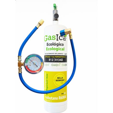 Kit Gasica D2 PRO 400g  Sustituto R134a R12  Manguera con Manómetro y Adaptador  Sella Fugas y Trazador  Gas Ecológico HC