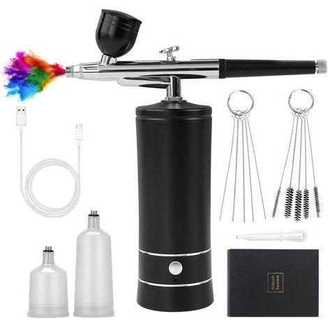 (Noir) Kit aérographe sans fil avec compresseur, mini aérographe portable, aérographe à ongles rechargeable, peinture de modèles (1/5)