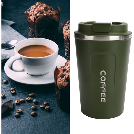 Mug isotherme 380 ml double paroi en acier inoxydable anti-déversement, tasse à café portable pour voiture (vert) (1/5)