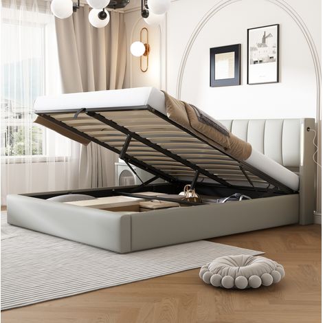 Lit moderne 160x200 cm en PU gris avec tête de lit réglable, LED, port USB/Type-C, coffre de rangement et sommier à lattes (1/5)