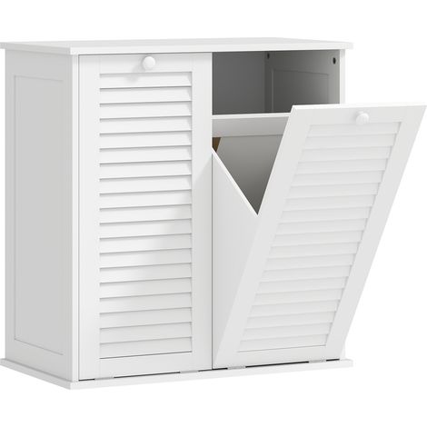 Meuble Panier à Linge Salle de Bain 2 Bacs Inclinables Portes Persiennes Rangement en MDF Blanc 70x38x73 cm (1/5)