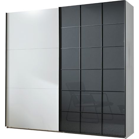 Armoire, placard à portes coulissantes coloris blanc, gris - Longueur 200 x Hauteur 216 x Profondeur 65 cm (1/2)
