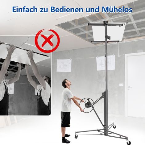 Lève-plaques de placo pour panneaux muraux et pose au plafond : charge 68 kg, hauteur réglable 140-335 cm, pliable, 3 roues freinées, inclinaison 60°. (1/5)