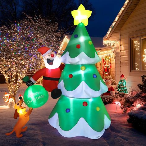 Père Noël gonflable 1,8 m escaladant un sapin avec chien et sac cadeau, LED, Décoration de Noël (1/5)
