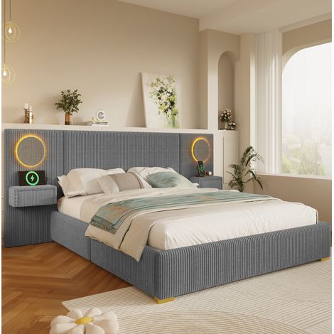 Cama adulta 180x200 cm de terciopelo con cabecero LED, USB y almacenamiento integrado, estructura estable - gris (1/5)