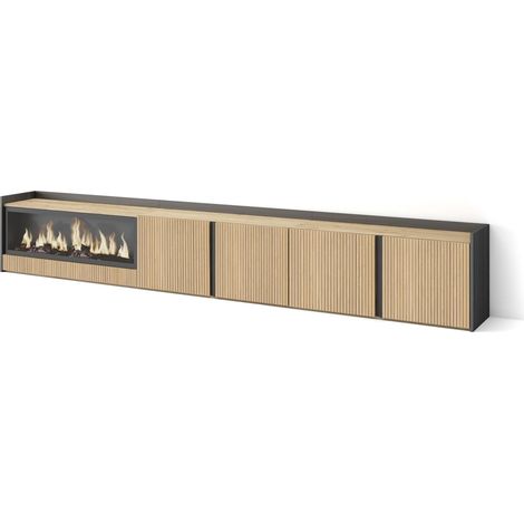 Skraut Home - Mueble TV, Televisión, Muebles de salón, almacenaje, 315x35x50cm, Para TV hasta 80", Chimenea eléctrica XXL, Estilo Moderno, Roble y negro (1/5)