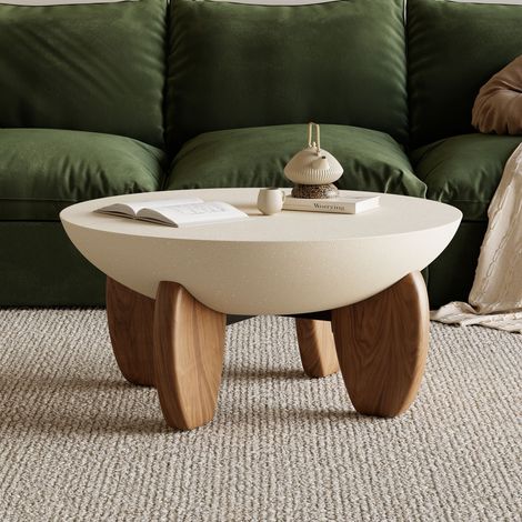Table basse ronde en béton beige finition noyer pieds en frêne massif design moderne pour salon (1/5)