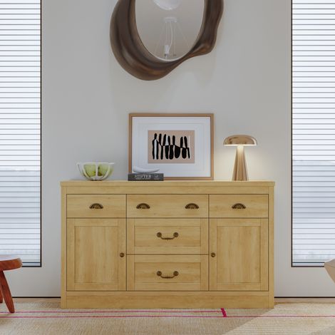 Credenza - 5 cassetti e 2 ante in legno chiaro effetto rovere - Stile rustico e naturale - 135x39,8x80 cm - Contenitore multiuso - Rovere (1/5)