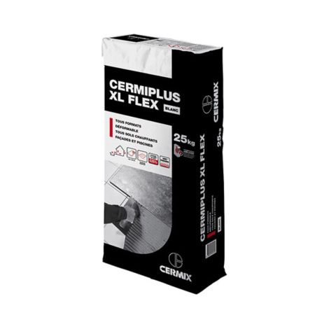 Mortier colle carrelage cermiplus XL flex blanc – Sac de 25 kg – Consommation 6 kg/m² – Pour chantiers humides – Cermix