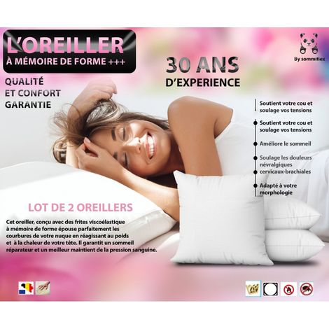 Bysommiflex – Lot de 2 oreillers 60x60 cm en flocons de mousse mémoire de forme – Soutien cervical optimal – Fabrication belge – Confort durable