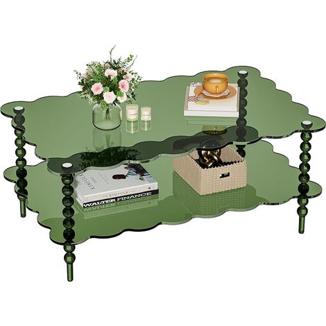 2 Tier Acrylic Coffee Table with Storage, Mid Century Modern Center Table for Living Room, Easy to Assemble (Green, 96×60×40cm) (1/4)