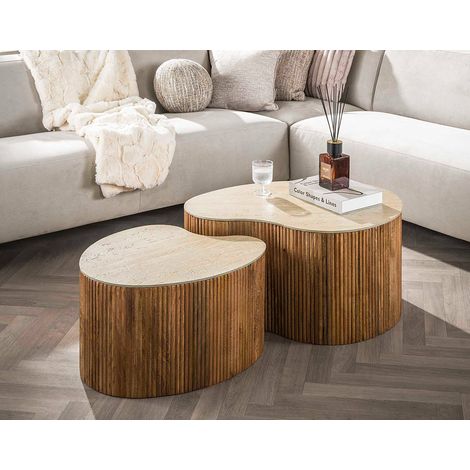 Jade - lot de 2 tables basses gigognes effet travertin - pieds en bois massif de manguier - 93 et 76 cm