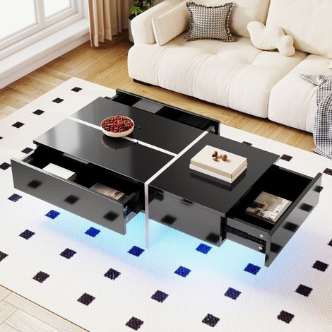 Tavolino da caffè lucido nero con LED controllato da app, 3 cassetti push-open e struttura in truciolare, 100 x 50 x 34,5 cm, per soggiorno moderno CHICFURN (1/5)