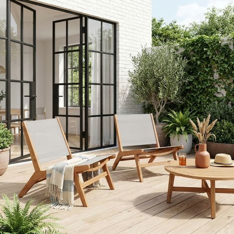 Lot de 2 fauteuils relax bois d'acacia et textilène gris - Madera