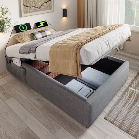 Lit simple 90x190 coffre gris coton, sommier lattes intégral, USB-C, livré sans tête de lit - Design (sans Matelas) (1/5)