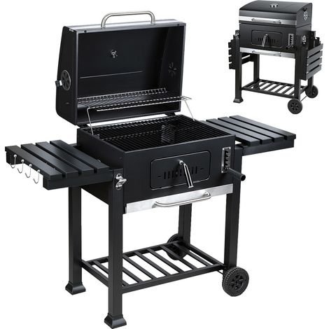 Randaco Holzkohlegrill, Gartengrill mit 2 Rädern und Temperaturanzeige, Kohlegrill mit zwei klappbaren Seitenablagen