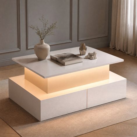 Tavolino da caffè 90x55x41 cm bianco lucido, LED, 4 cassetti, truciolare MEUBLIV (1/5)