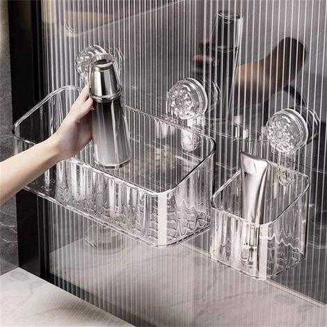 Mensola da bagno con ventosa - Organizzazione pratica e senza fori - Grande + Piccola Trasparente Grigio (1/4)