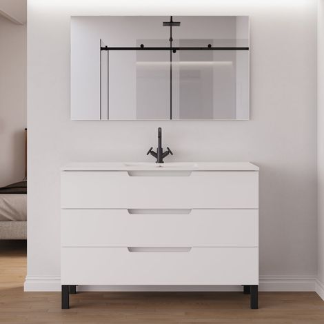 Meuble de salle de bain 120cm simple vasque - 3 tiroirs - blanc mat - RIZA (1/5)
