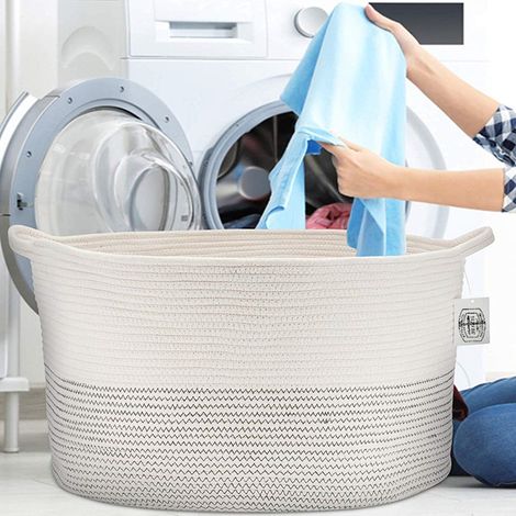 Lntyq Großer gewebter Baumwollseilkorb Baby-Wäschekorb für Decken, Spielzeug, Aufbewahrungskorb mit Griff, Steppdecken, Kissen, Aufbewahrungsbehälter, Garn-Wäschekorb, schwarzer Punkt, 55 x 35 cm (1/5)