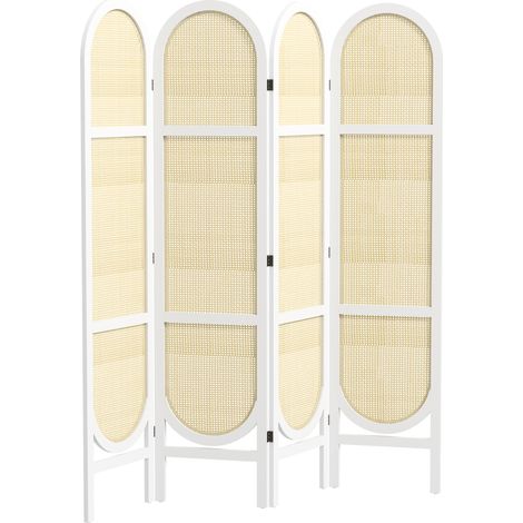 Paravent en bois 4 volets 170x160 cm pliable et mobile, motif tressé artisanal, blanc (1/5)