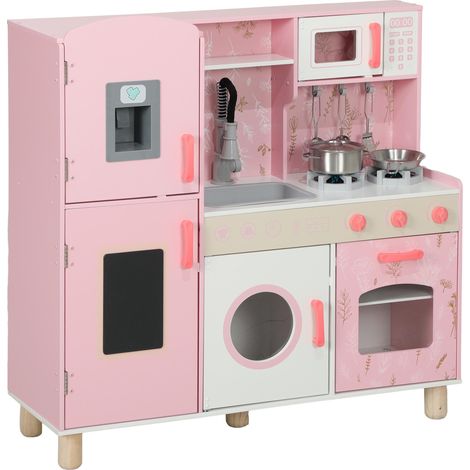 Cuisine pour enfants en bois avec effets sonores, plaque de cuisson, four, robinet, évier, micro-ondes, lave-linge et machine à glaçons - Rose (1/4)