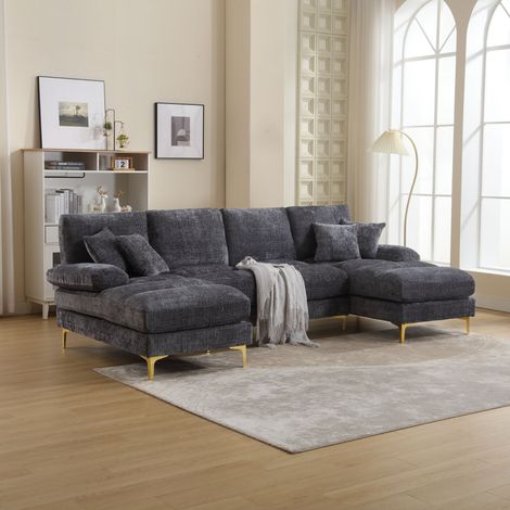 Sofá esquinero de 4 plazas en forma de U moderno sofá grande de chenilla con dos sillones reclinables ajustables color gris (1/5)