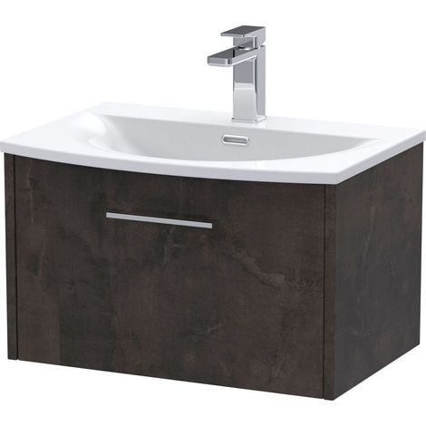 Winshill Contemporary 1 Drawer Wall Hung Vanity Unit with Curved Basin, Metallic Slate, 600mm
