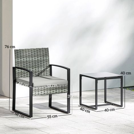 Ensemble bistro en rotin 3 pièces pour jardin - 2 chaises de jardin, 1 table basse et coussins amovibles gris clair résistant aux intempéries pour terrasse balcon