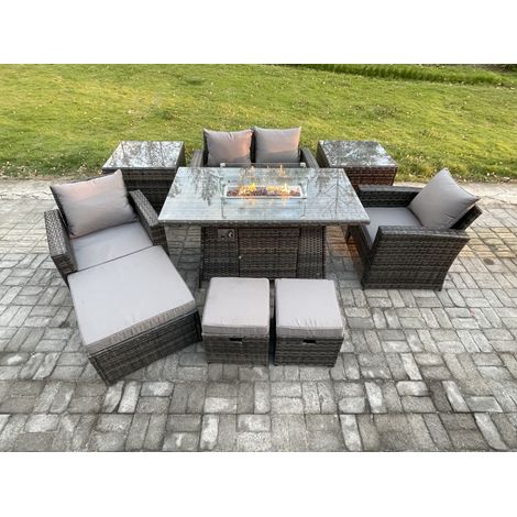 Fimous Outdoor Garden Dining Sets 7 Seater Rattan Patio Furniture Sofa Set with Gas Firepit Table 3 Footstools 2 Side Tables Dark Grey Mixed (1/5)