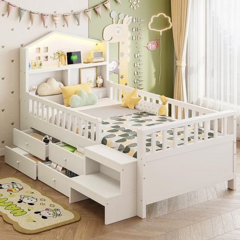 Lit enfant 90x200cm, avec barrière de sécurité, quatre tiroirs de rangement, marchepied, éclairage LED, ports de chargement USB et Type-C, lit en bois massif avec sommier à lattes, lit simple, blanc
