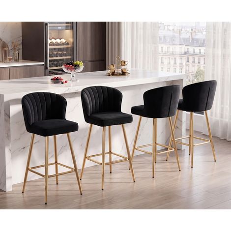 Wahson Lot de 2 tabourets de bar modernes avec dossier – Velours noir – Hauteur d'assise 64.75cm – Structure en métal doré, Noir