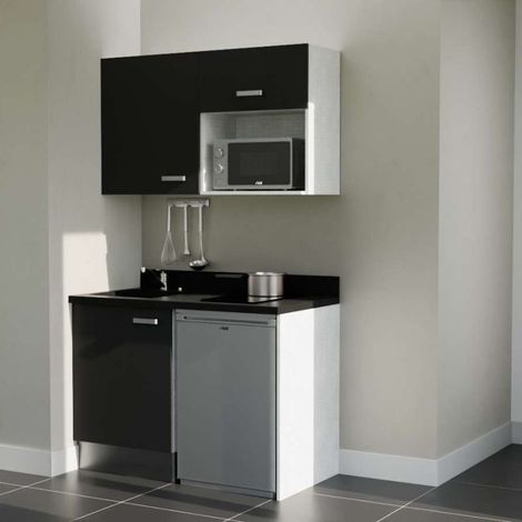 Kitchenette K07L - 120 cm - emplacements frigo top et micro-ondes-Noir-Nero-évier à gauche