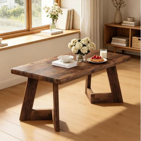 Table basse rectangulaire 120x60x51 cm marron rustique en bois avec plateau épais et structure stable (1/5)