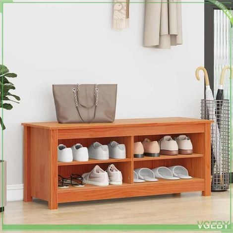Banc à chaussures - Marron cire - Bois massif en pin - 4 étagères - 110 x 38 x 45.5 cm (1/5)